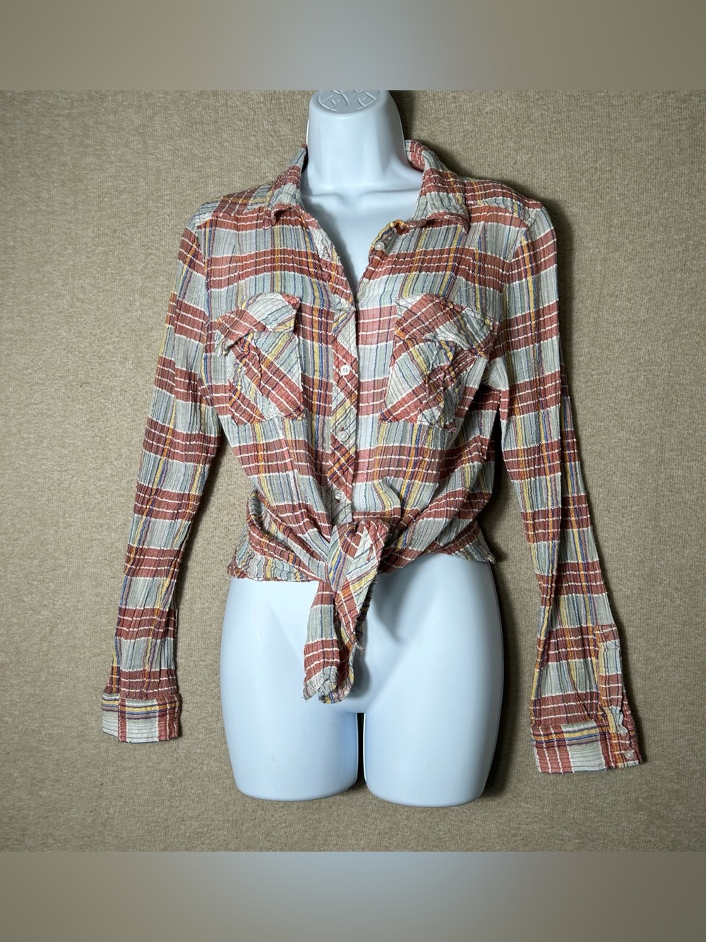 Free People We The Free Gauze Shirt Womens Medium Plaid Long Sleeve Pockets